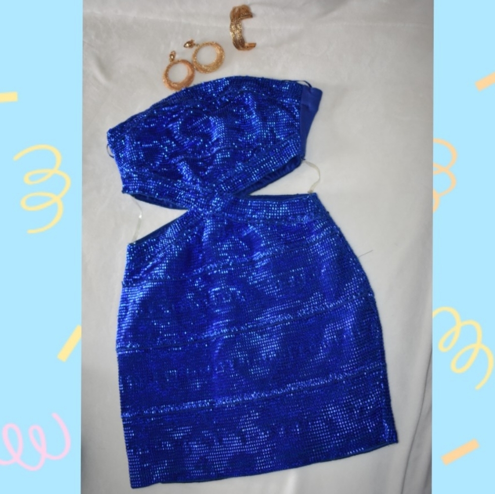 BLUE SPARKLE STRAPLESS MINI DRESS